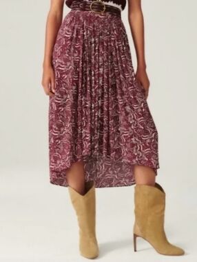 ba&sh Burgundy Printed Pleated High-Low Skirt